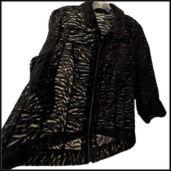 Clara S Black Sheer Mesh Textured Zip Up Shirt Jacket Zebra AOP Women's XL - Picture 4 of 9